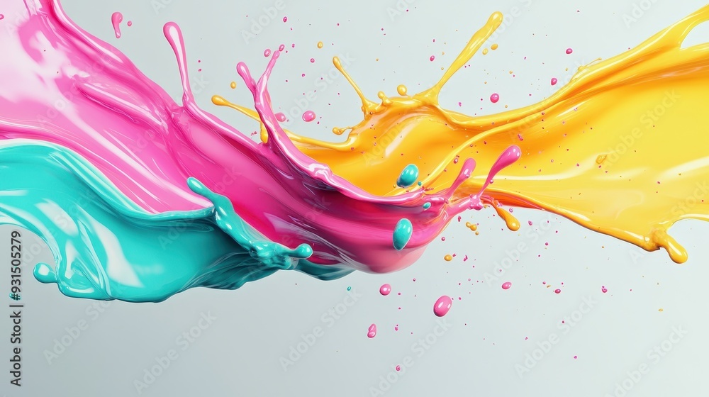Poster vibrant splashes of paint in various colors creating a dynamic visual effect.