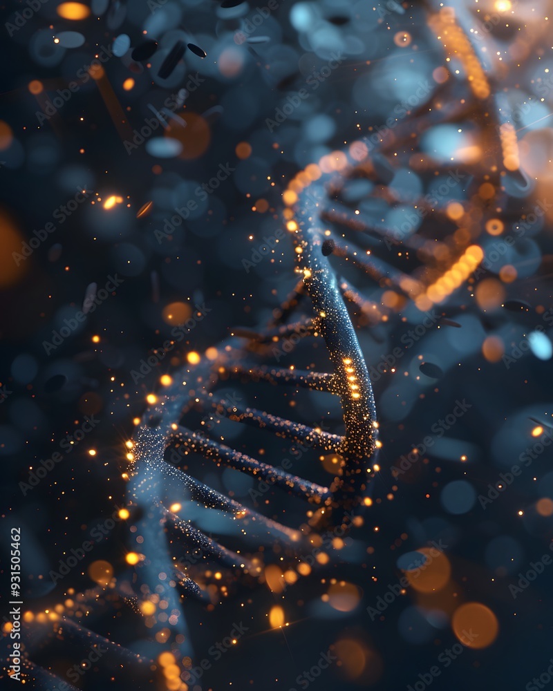 Aufkleber 3d render of a double helix dna structure, with glowing particles and a bokeh background