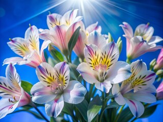 Delicate Alstroemeria flowers with yellow centers and soft pink petals bloom vibrantly against a bright pink background, illuminated by warm sunlight and gentle shadows.