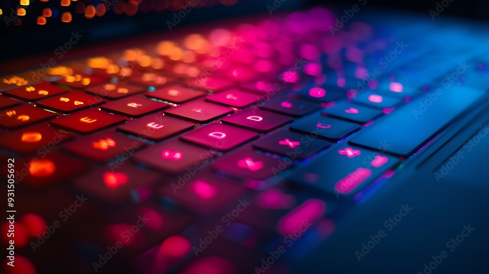 Aufkleber Selective focus image of laptop keyboard at night Backlit buttons in the dark Communication technology  personal device : Generative AI