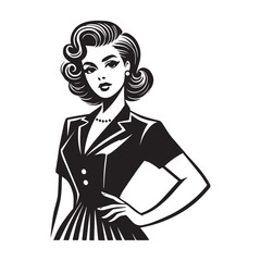 Vintage Retro Woman Face Clipart, Retro Housewife Silhouette,  Vintage Woman Model illustration in black and white
