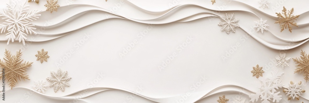 Poster elegant three-dimensional snowflake wave pattern with vintage golden elements on white background fo
