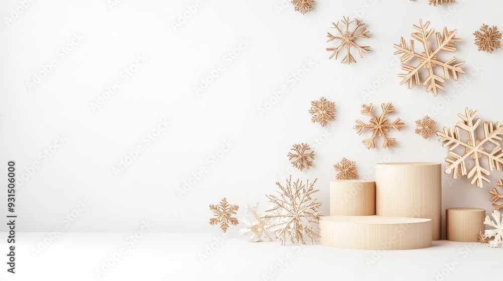 Poster elegant 3d podium with vintage golden snowflakes pattern on white background for presentations. mock
