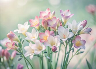 Obraz premium Vibrant colorful freesia flowers with delicate petals and soft stems bloom against a gentle, creamy background, capturing the essence of spring's sweet blossom.
