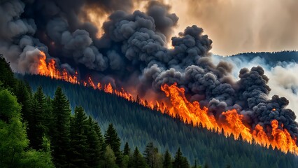 Fototapeta premium Massive wildfire spreading across a forested hillside, with thick smoke and intense flames. Environmental catastrophe and climate change impact