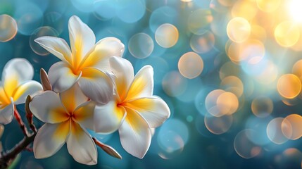 Fototapeta premium White and yellow plumeriaFrangipani or Hawaiian Lei flower on bokeh background in IndonesiaIts oil has been used in perfumery The flowers are either white yellow pink or multicolor Iso : Generative AI