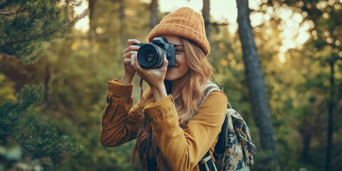 A woman wearing a yellow jacket and a brown hat is taking a picture of a forest. She is smiling and she is enjoying the moment