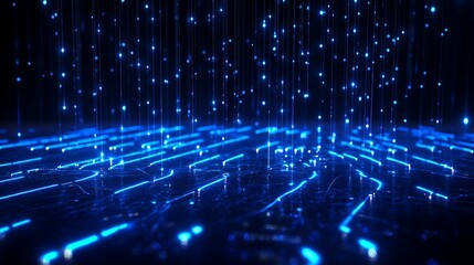 Obraz premium Blue digital glowing lines and dots creating a futuristic cyber landscape, resembling data transmission or fiber optics in a virtual space.