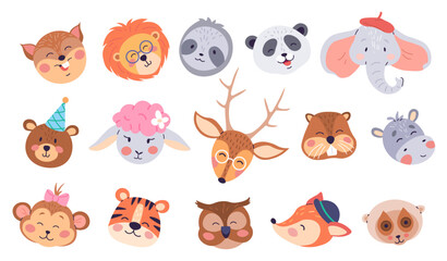 illustration showcases a whimsical collection of adorable animal faces, designed for children s decor and apparel, featuring a variety of expressions and accessories