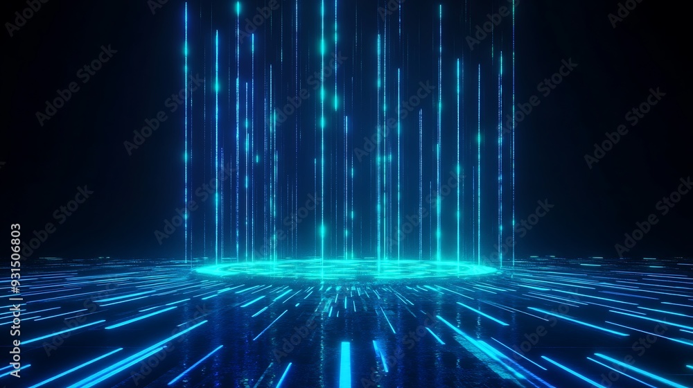 Poster digital glowing blue lines and particles forming a futuristic data stream, perfect for technology an