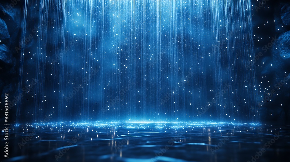 Poster ethereal blue waterfall with sparkling drops, creating a mesmerizing and tranquil scene. perfect for