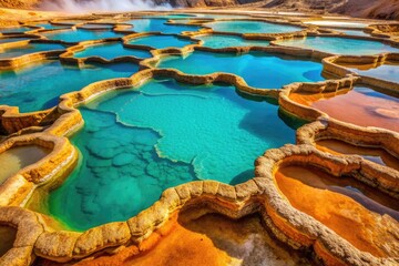 Obraz premium Vibrant turquoise oil pools shimmer amidst tactile, earthy terracotta texture, evoking a sense of exotic, bohemian freedom in warm, sun-kissed tones.