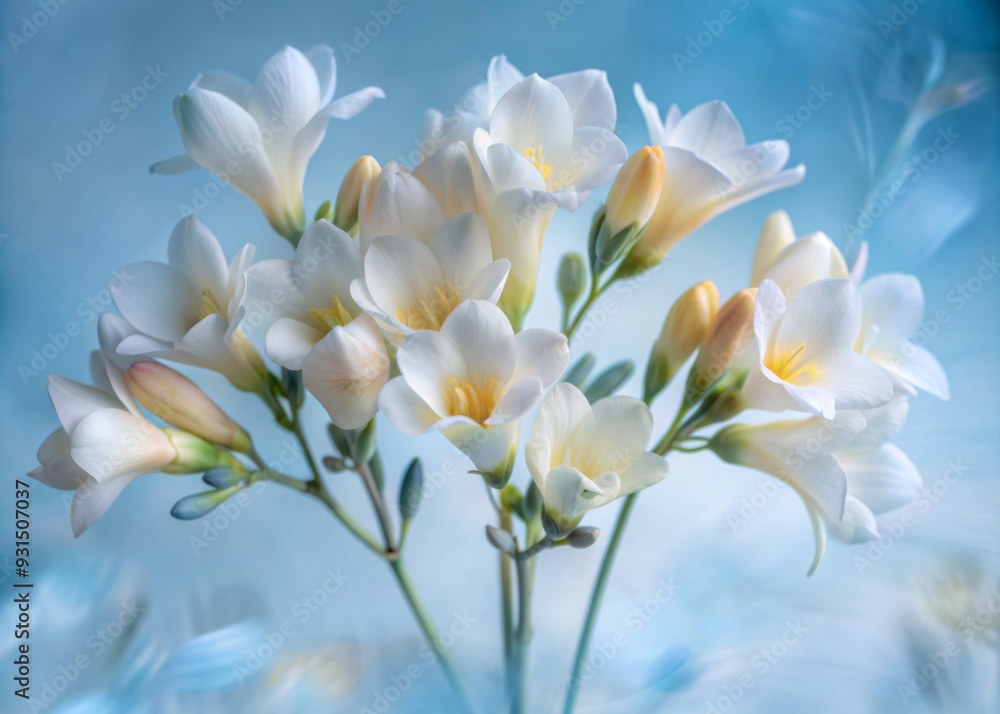 Poster soft pastel freesias sway dynamically against a blurred white background, creating a mesmerizing abs