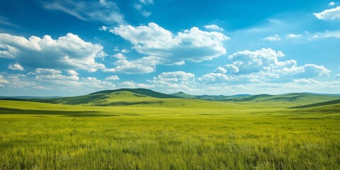 Obraz premium A large, open field with a clear blue sky and fluffy clouds. The sky is dotted with clouds of various sizes, creating a sense of depth and movement. The field is lush and green