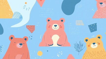 Cute bears in whimsical abstract forms on a light blue background with geometric shapes