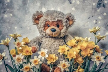 Fototapeta premium Adorable teddy bear surrounded by bright yellow daffodils, softly rendered in watercolor paints, evoking feelings of springtime joy and whimsical innocence.