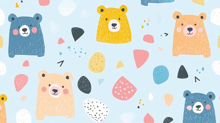 Cute bears in whimsical abstract forms on a light blue background with geometric shapes