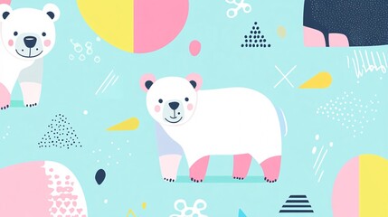 Cute bears in geometric abstract designs on a pastel mint background