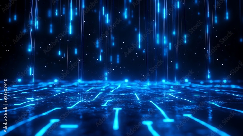 Poster futuristic blue digital data streams represented as glowing lines and dots, perfect abstract technol