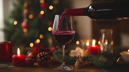 Red wine being poured into a glass with a Christmas background.