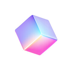 Neon cube isolated on transparent background. 3d holographic primutive shape. Render of 3d iridescent cube with rainbow effect