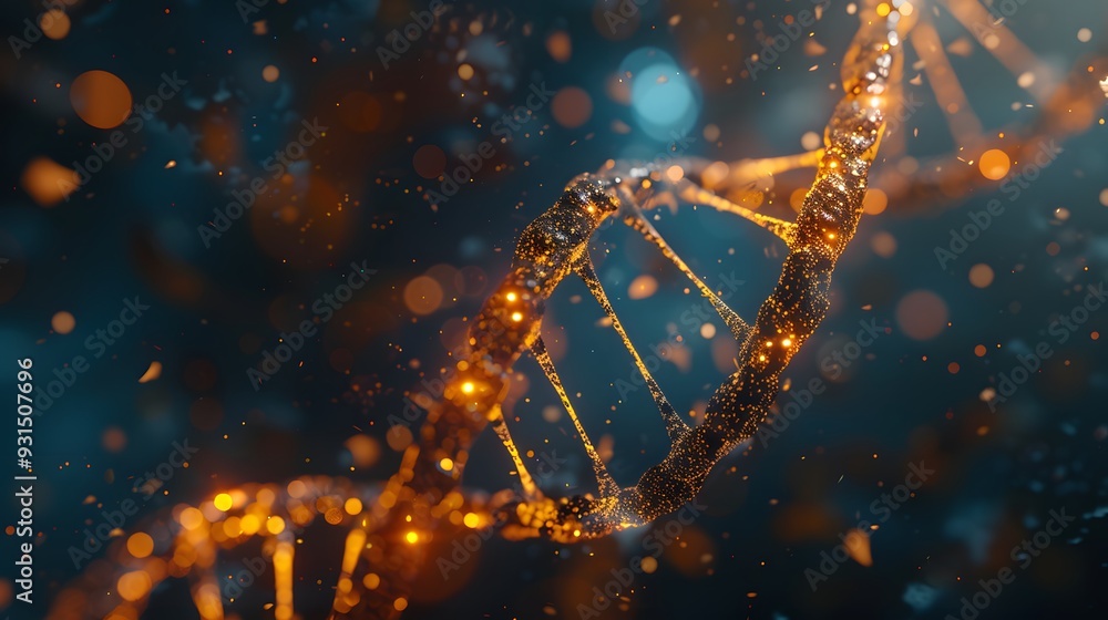 Aufkleber 3d render of a double helix dna structure, with glowing particles and a bokeh background