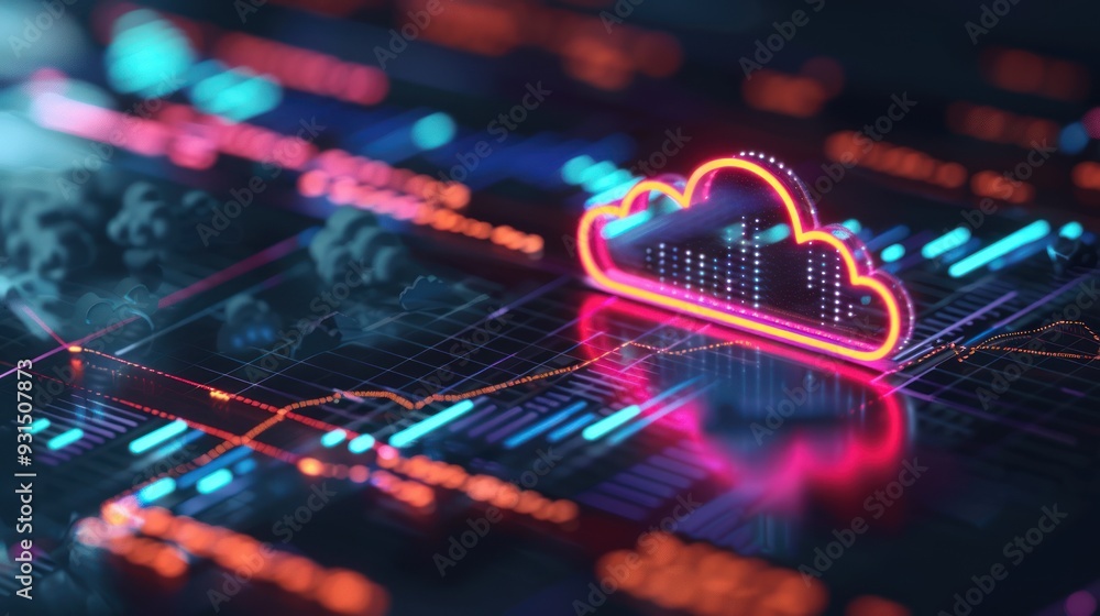 Poster cloud computing neon sign on data visualization