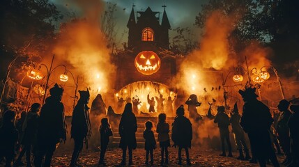 A crowd gathers in front of a haunted house illuminated by glowing jack-o'-lanterns and surrounded by smoke, creating a chilling Halloween scene.