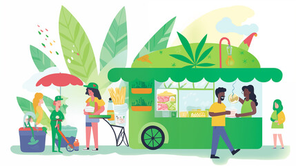 Fototapeta premium Food Truck with Fresh Ingredients and Leafy Design at Outdoor Market