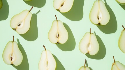 Halved green pears laid out on a green background.