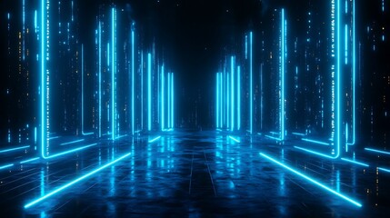 Futuristic blue neon light corridor with glowing lines reflecting on a shiny surface, creating a cyberpunk atmosphere in a dark, digital space.