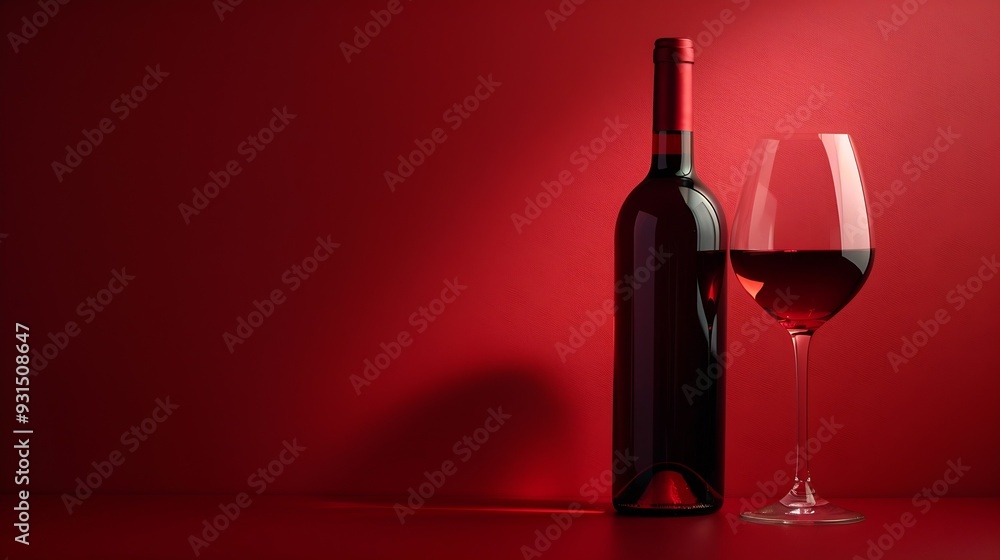 Poster bottle and glass of red wine on a red background copy space : generative ai
