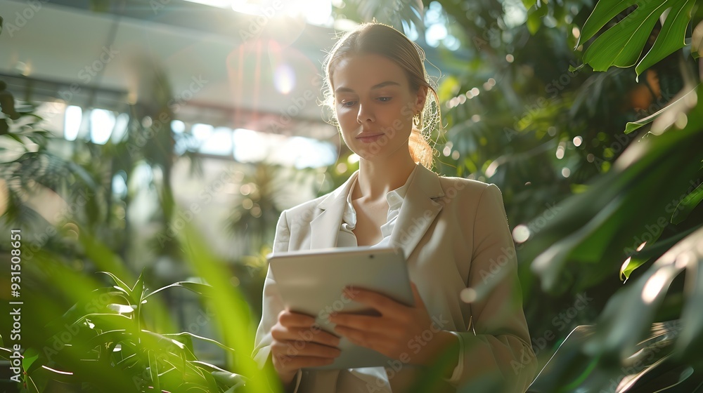 Poster a focused woman in business attire efficiently works on a tablet in a modern sunlit office space wit