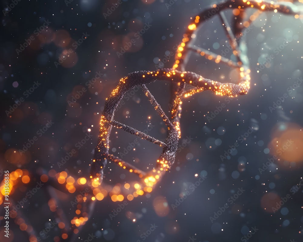 Poster 3d render of a double helix dna structure, with glowing particles and a bokeh background
