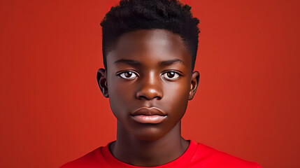 Portrait of a happy cheerful serious, troubled African American teenager guy with perfect skin, red background, banner.