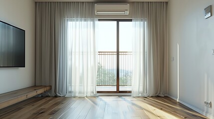 Obraz premium Empty room with old brown stoneware floor wall air conditioner cheap wooden access doors to other rooms and balcony with curtains and sheers : Generative AI