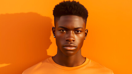 Obraz premium Portrait of a happy cheerful serious, troubled African American teenager guy with perfect skin, orange background, banner.