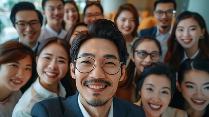 Selfie smile and portrait of business people in office for team building meeting and fun Happy collaboration and creative designers with photography picture for bonding together in wor : Generative AI