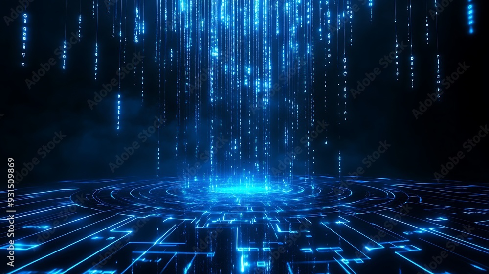 Poster futuristic digital background with blue glowing lines and matrix effects, ideal for technology and i