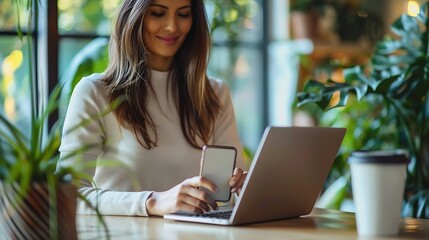 Successful business woman using laptop computer and smartphone in office Happy woman entrepreneur small business owner working online : Generative AI