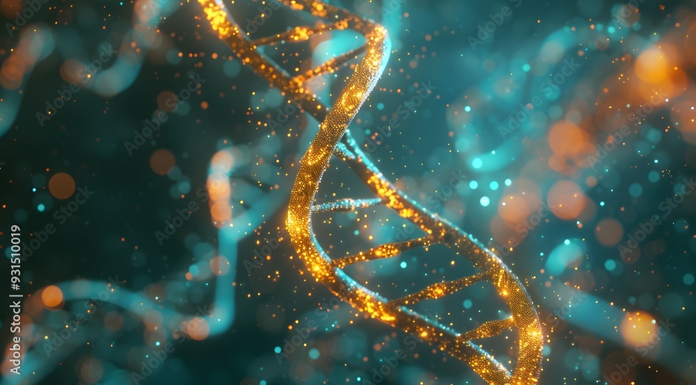 Poster 3d render of a double helix dna structure, with glowing particles and a bokeh background