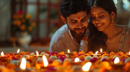 Diwali preparation An Indian man and his wife doing Diwali decorations Hindu festival floral decoration A cheerful young couple making a floral Rangoli with welllit colorful Diyas Fest : Generative AI