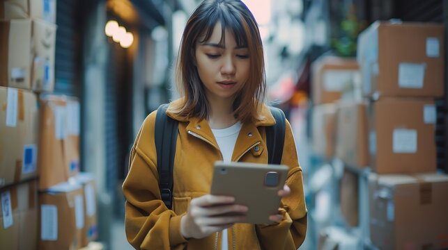 Woman phone call and online logistics startup communication and small business courier on tablet Young entrepreneur seller or supplier talk on mobile digital technology and boxes for e : Generative AI