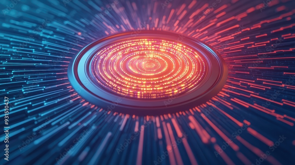 Poster an abstract representation of light trails emanating from a central glowing element, creating a vibr