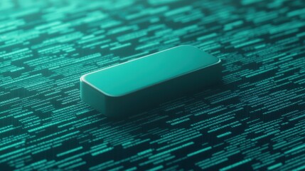 A digital abstract illustration featuring a solid shape surrounded by flowing binary code in a vibrant green hue.
