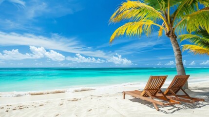 Obraz premium Tropical beach with palm trees in the Caribbean on Saona Island, Dominican Republic during vacation