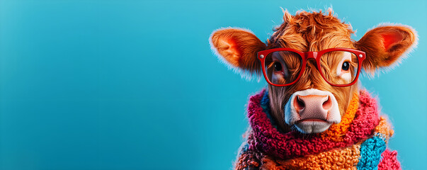 Playful depiction of a hip bovine sporting retro glasses and a fashionable scarf, perfect for a "moo-chic" character