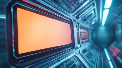 Obraz premium Futuristic corridor with glowing panels and an empty screen, ideal for technology and sci-fi themes.