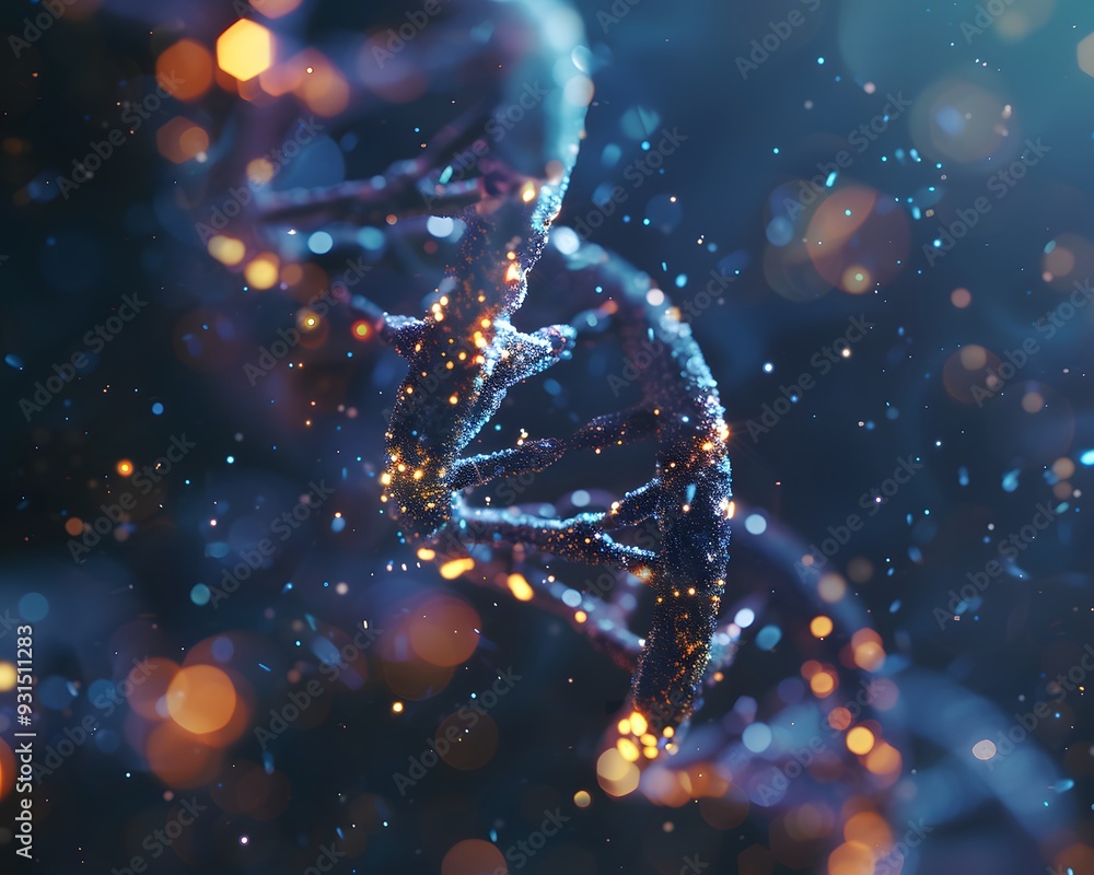 Poster 3d render of a double helix dna structure, with glowing particles and a bokeh background