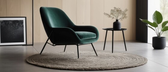 Elegant living room showcasing minimalist design with a chic chair, coffee table, and decorative vase. Neutral tones create a tranquil vibe perfect for modern homes.
